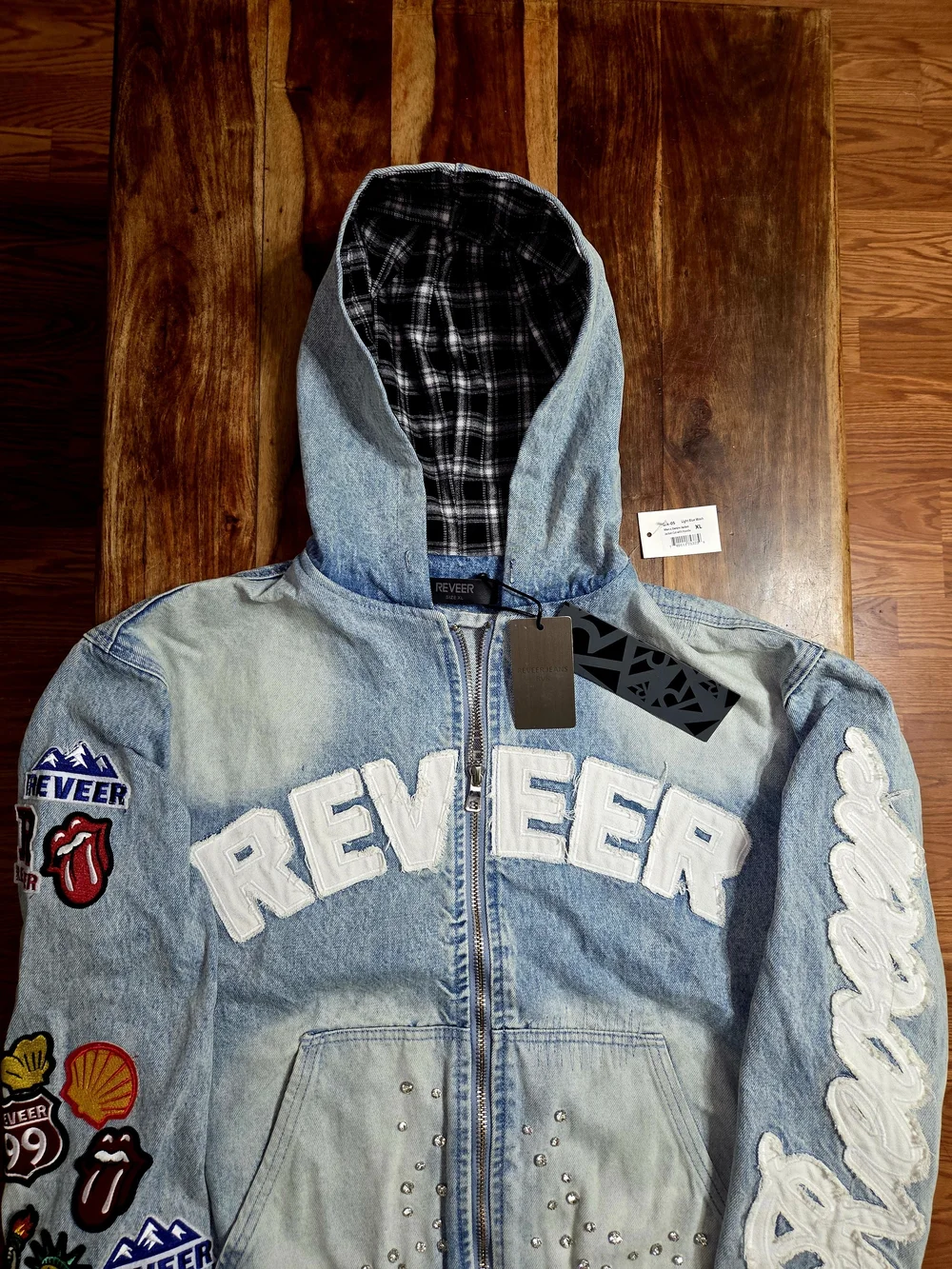 Reever Jeans Men's Denim Jacket W/ Light Blue Wash And Full Patchwork. Size XL.